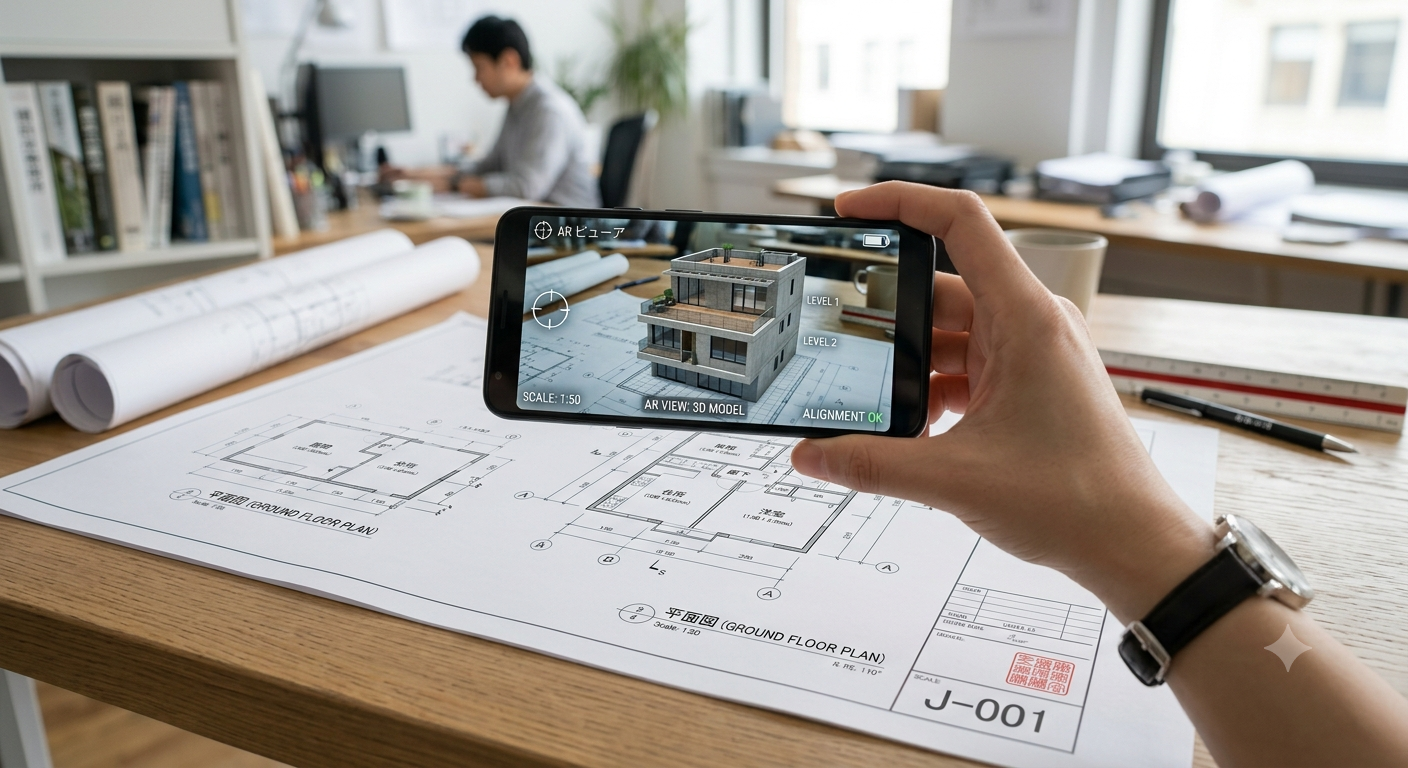 図面にスマホをかざしてAR閲覧する画面
